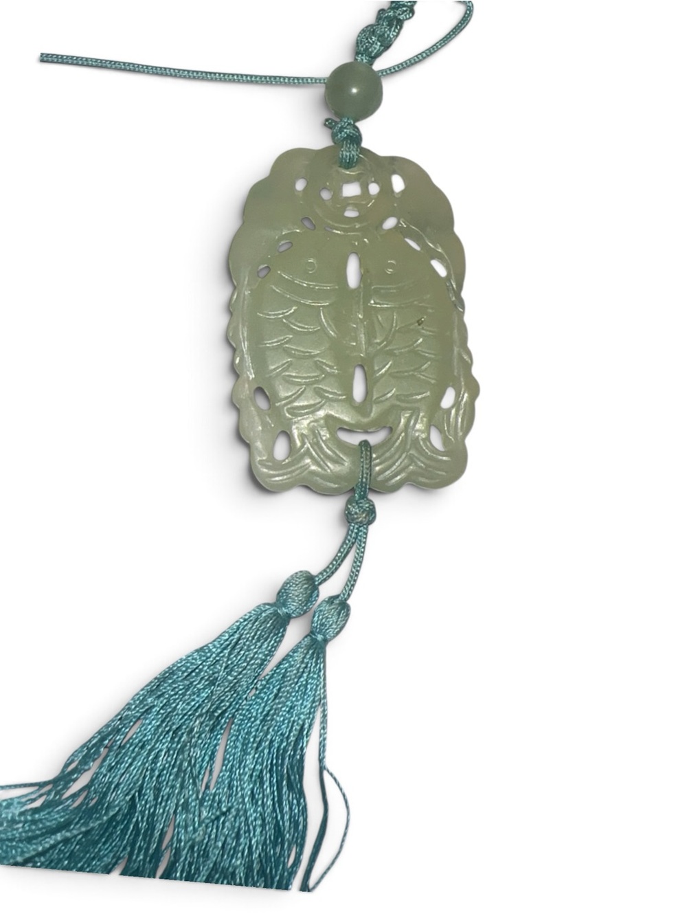 Antique Chinese Carved Green Jade Fish Pendant Necklace